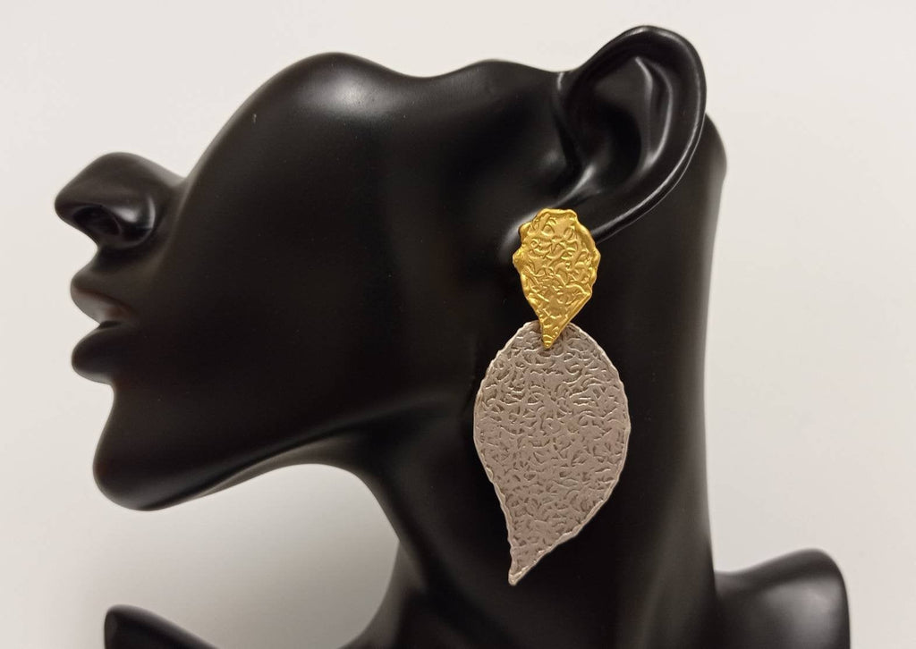 Matte Gold & Silver Leaf Earrings, Mixed Metal Turkish Dangles, Bold Two-Tone Statement Earrings