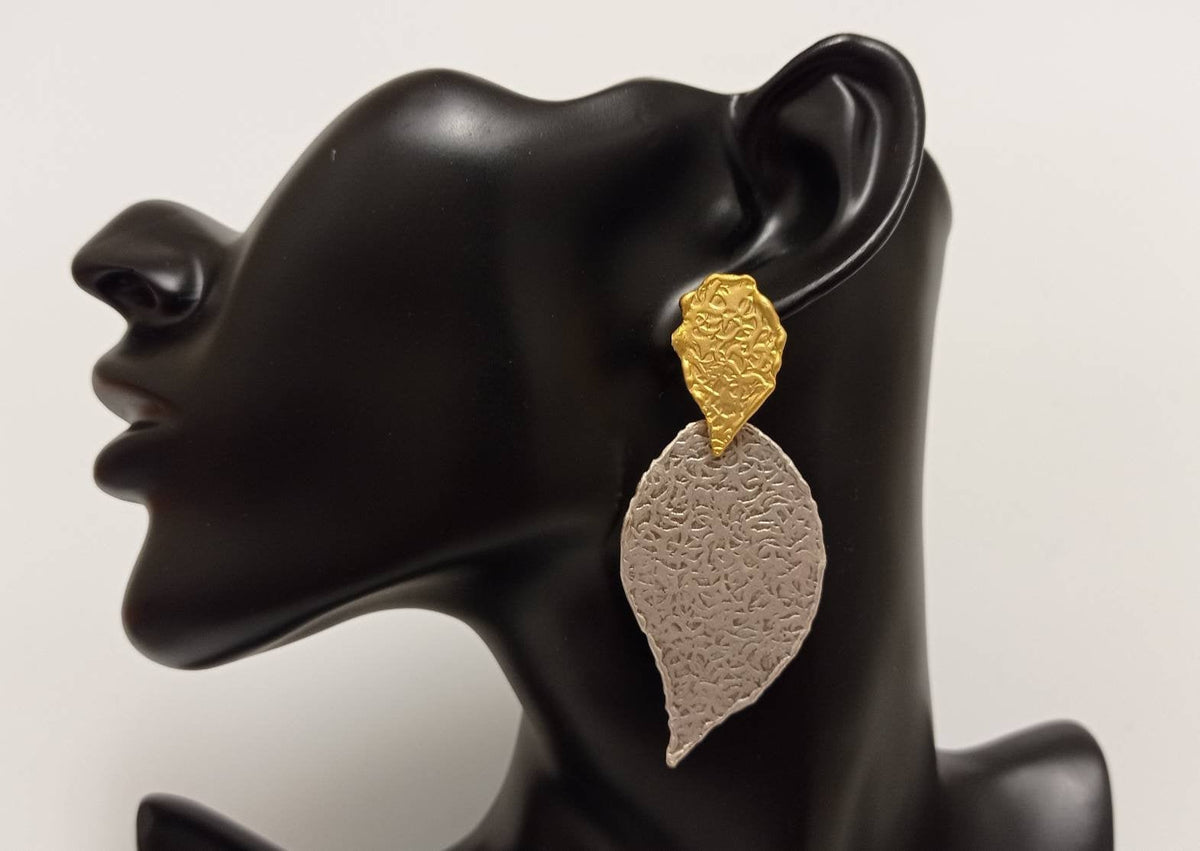 Matte Gold & Silver Leaf Earrings, Mixed Metal Turkish Dangles, Bold Two-Tone Statement Earrings