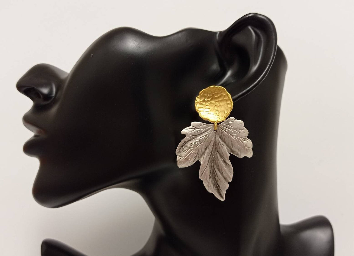 Mixed Metal Leaf Dangle Earrings, Hypoallergenic Turkish Brass Botanical Jewelry