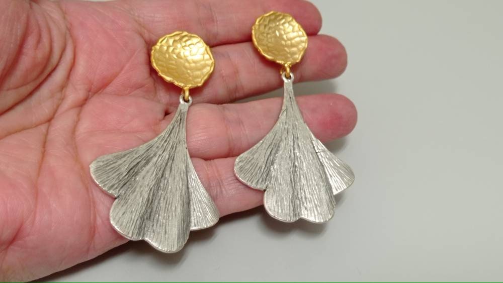 Gold Plated Brass Ginkgo Leaf Earrings, Mixed Metal Dangle Earrings