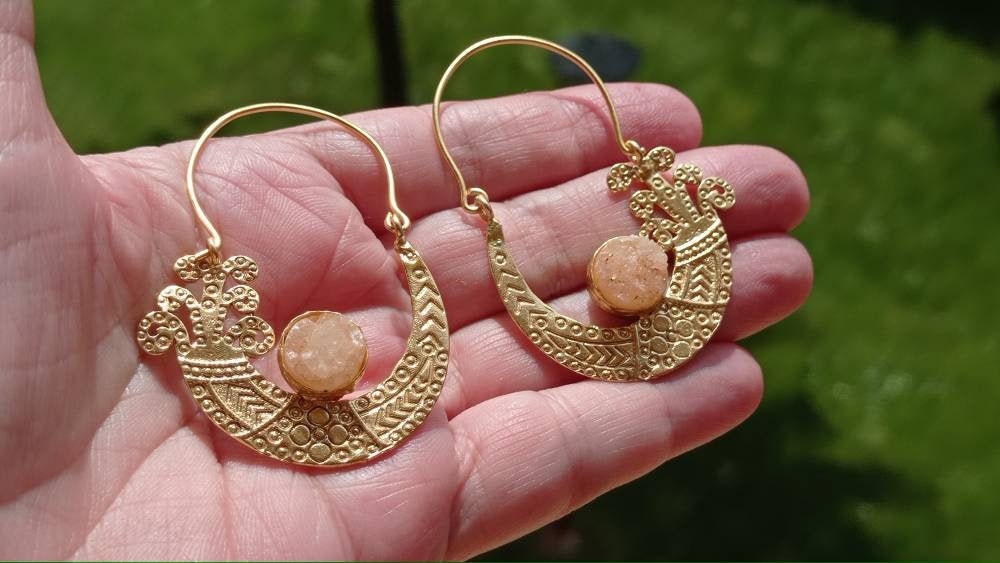 Gold Plated Brass Hoop Earrings with Smoky Druzy Gemstone – Boho Ethnic Jewelry