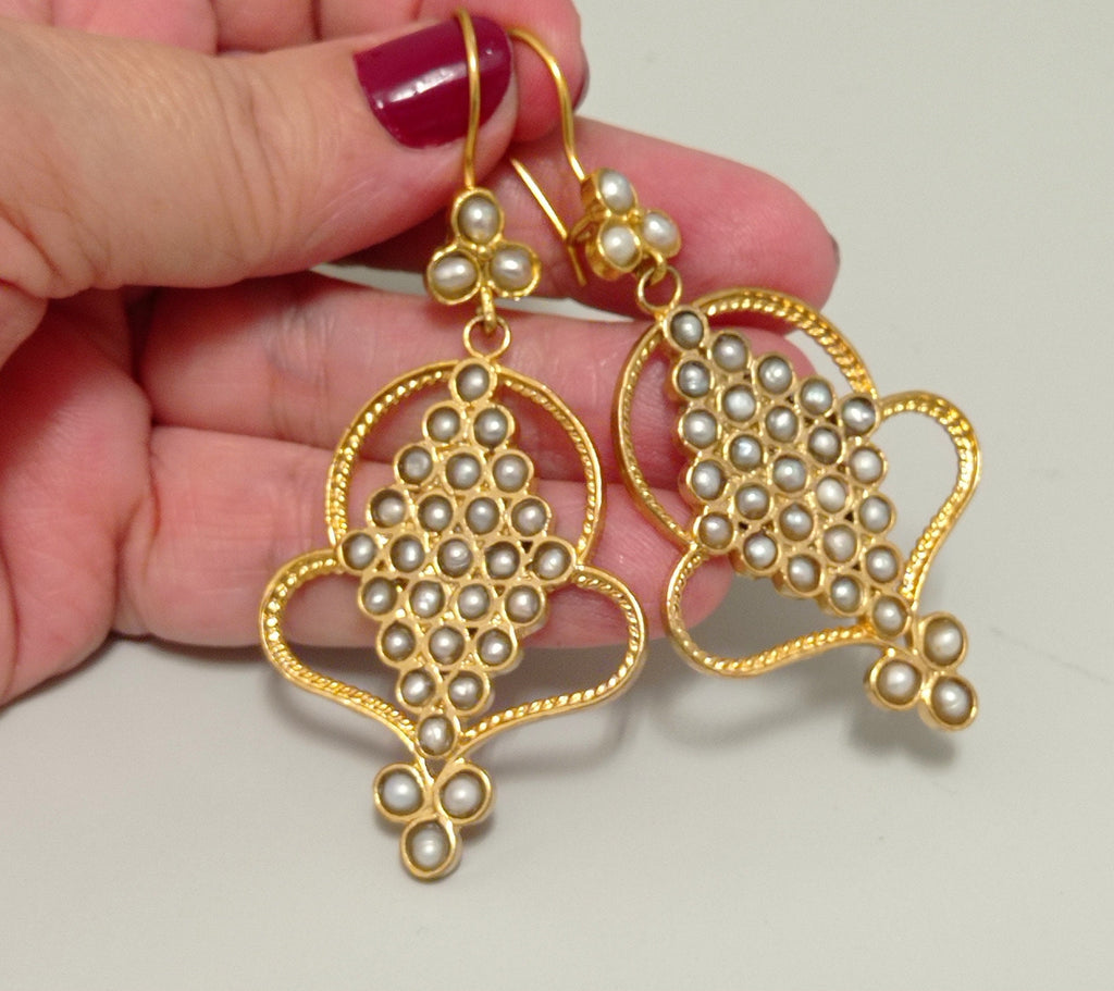 Ottoman Pearl Dangle Earrings, Gold Plated Bronze, Turkish Artisan Jewelry