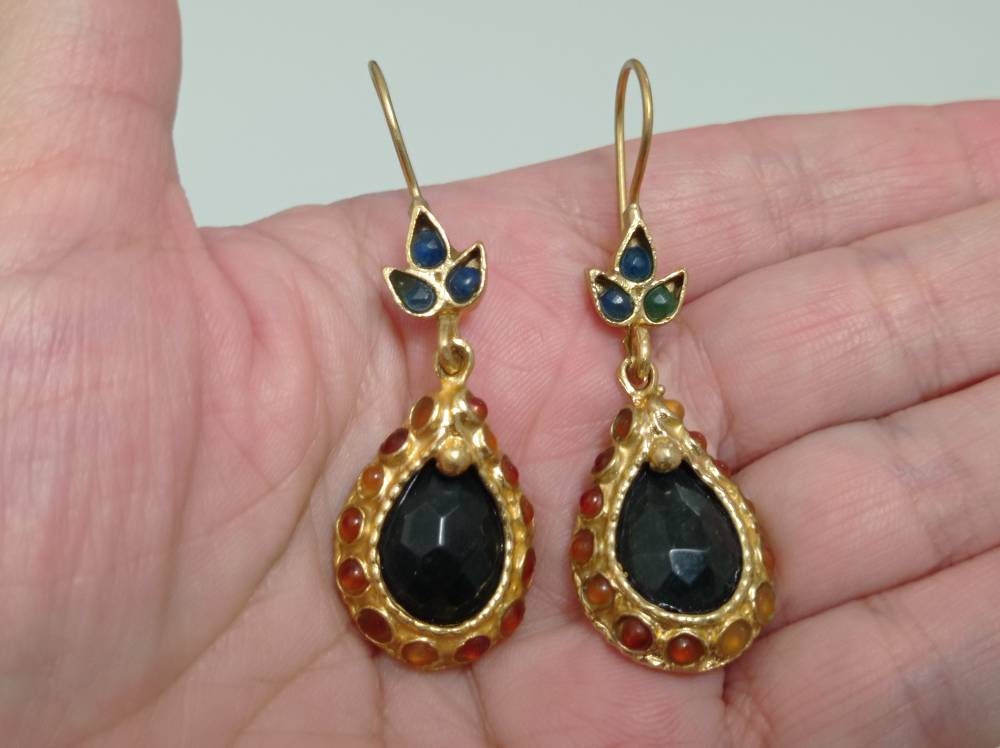 Vintage Teardrop Earrings, Black Jade Agate, Bronze Gold Plated