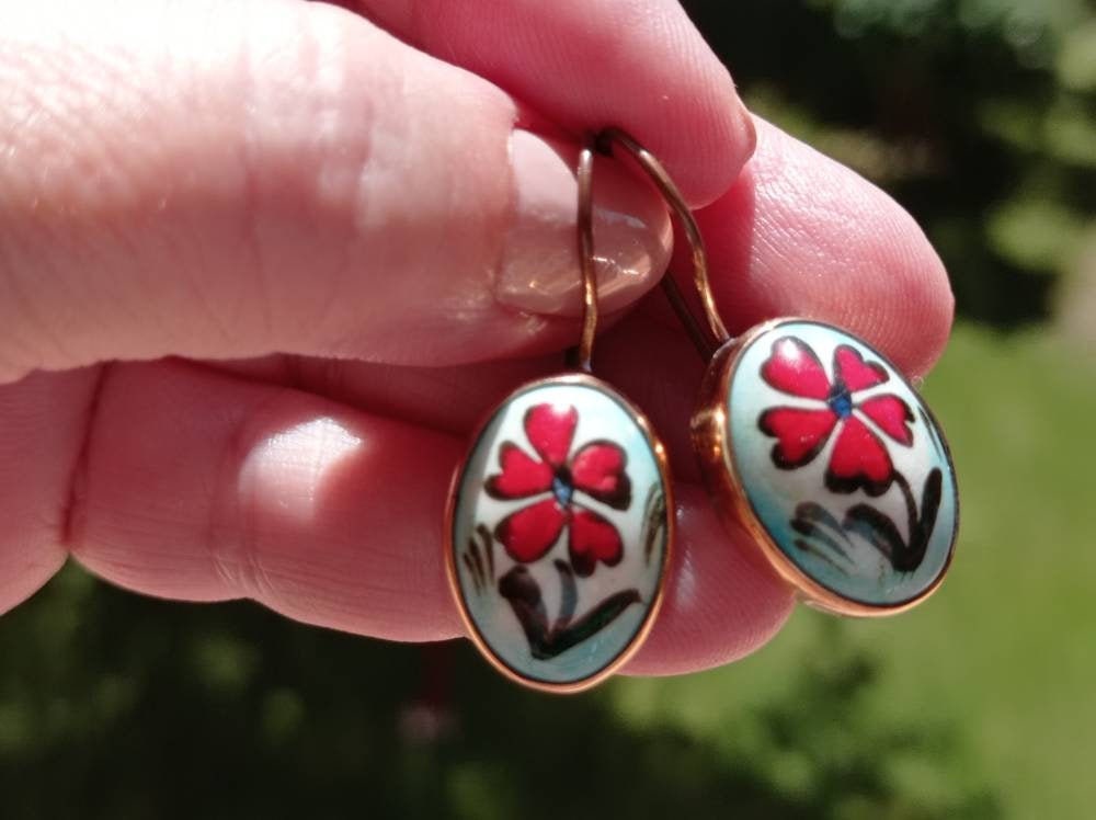 Iznik Tile Daisy Earrings, Turkish Bronze Dangle Earrings