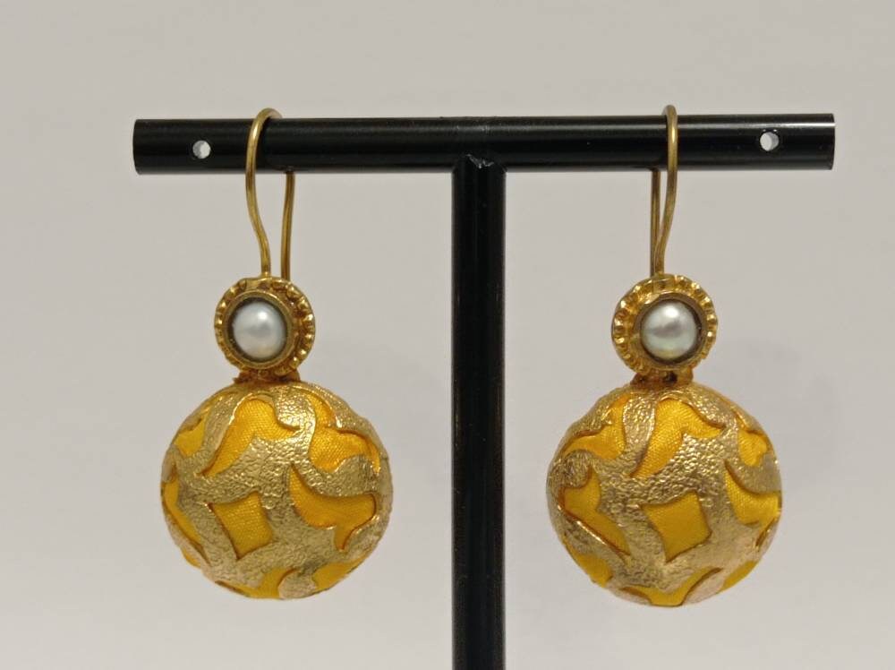 Ottoman Pearl Dangle Earrings, Yellow Turkish Silk, Gold Plated Bronze