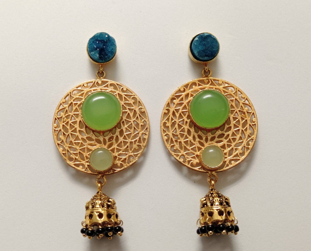Blue Druzy Green Agate Jhumka Earrings, Gold Plated Brass Filigree Dangle