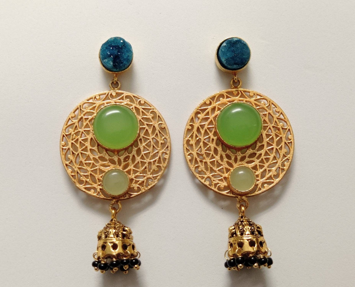 Blue Druzy Green Agate Jhumka Earrings, Gold Plated Brass Filigree Dangle
