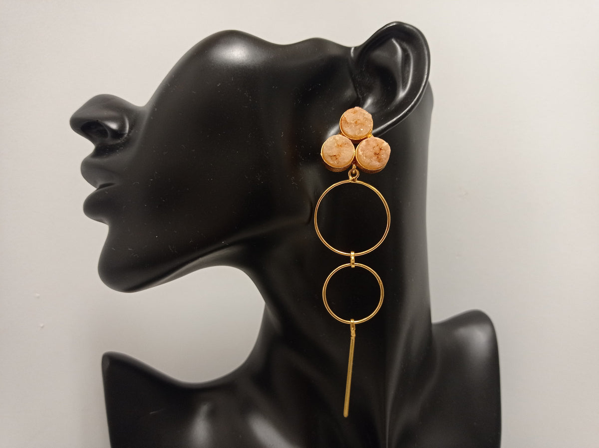 Gold Plated Smoky Druzy Dangle Earrings, Geometric Round Brass