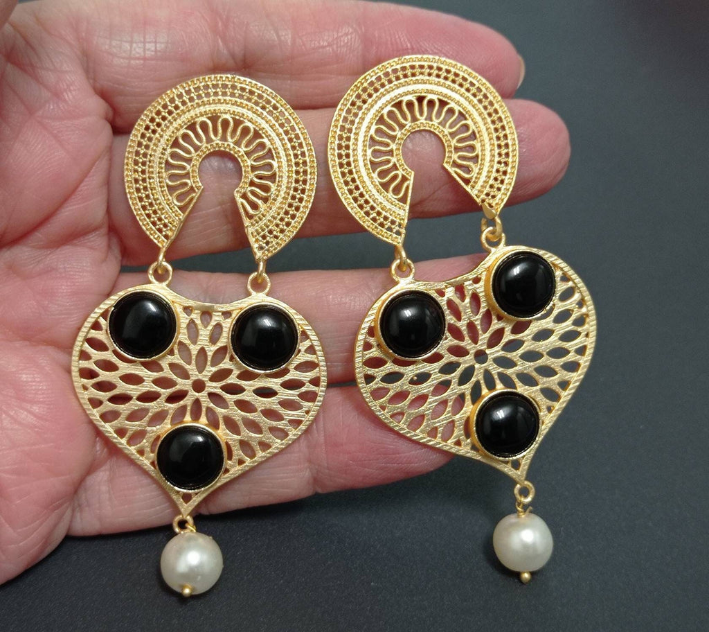 Gold Plated Black Agate Dangle Earrings, Artisan Design