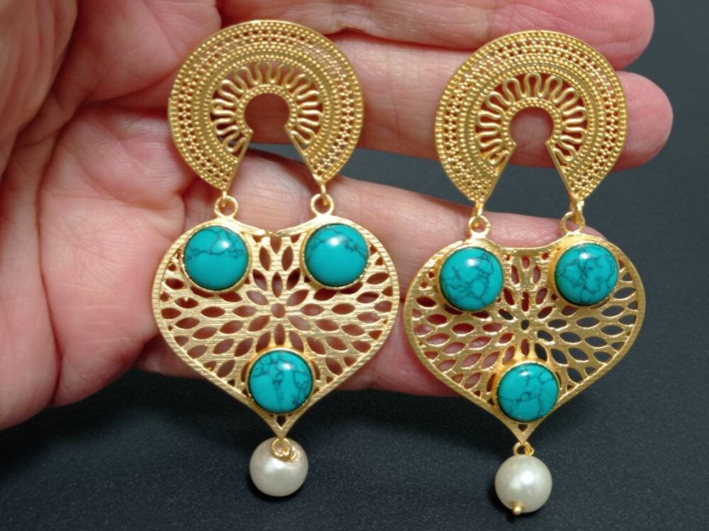Gold Plated Blue Howlite Agate Dangle Earrings - Hypoallergenic Brass Design - Gift Bag Included