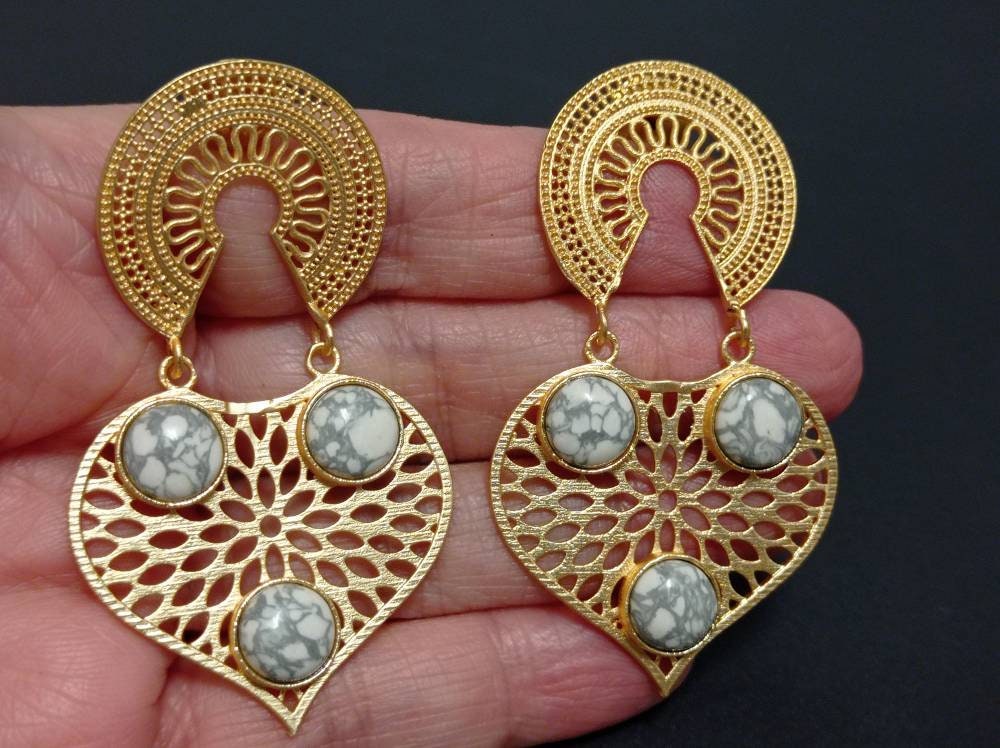 Gold Plated Brass Openwork Earrings with White Howlite, Artisan Dangle Jewelry