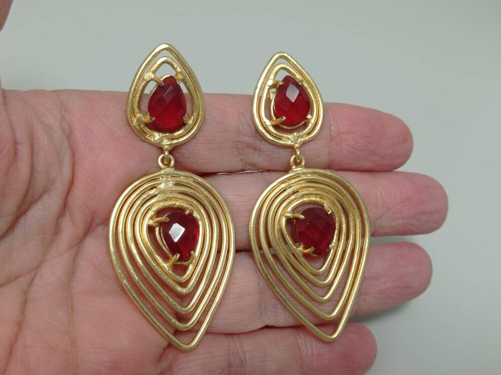 Boho Chic Garnet Drop Earrings, Gold Plated Brass, Hypoallergenic, Gift Bag Included