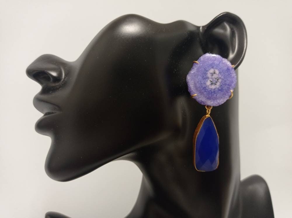 Gold Plated Solar Quartz & Blue Agate Dangle Earrings - Hypoallergenic