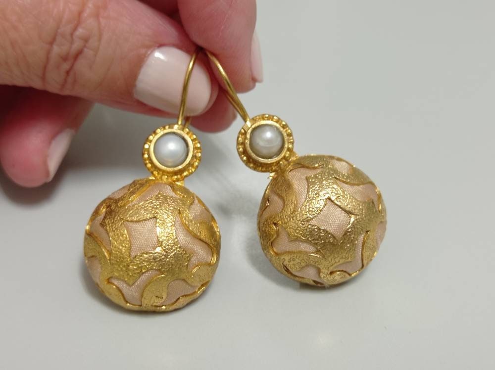 Ottoman Pearl Dangle Earrings, Turkish Beige Silk, Gold Plated