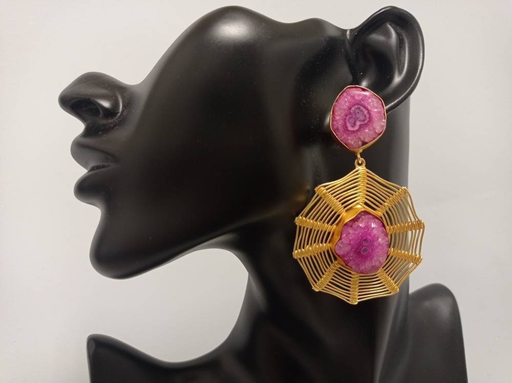 Gold Plated Pink Solar Quartz Dangle Earrings, Hypoallergenic Statement Gemstone Jewelry, Gift Bag Included