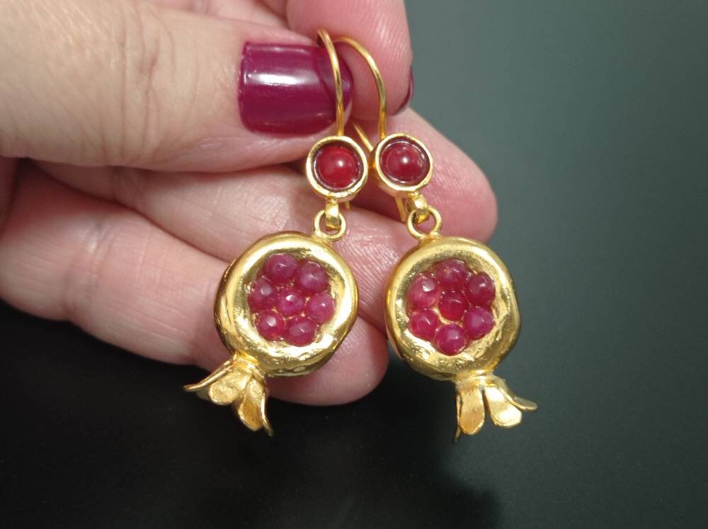 Gold Plated Pomegranate Earrings, Ruby Jade Hook Dangles, Turkish Jewelry
