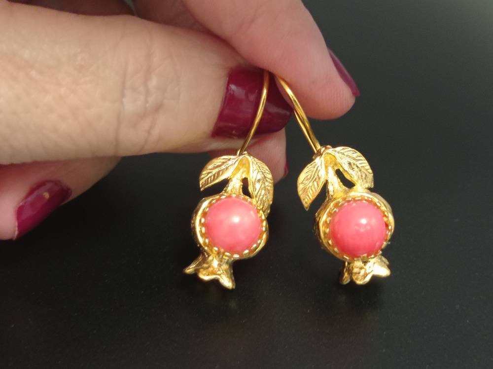 Gold Plated Pomegranate Earrings, Coral Boho Dangle Earrings