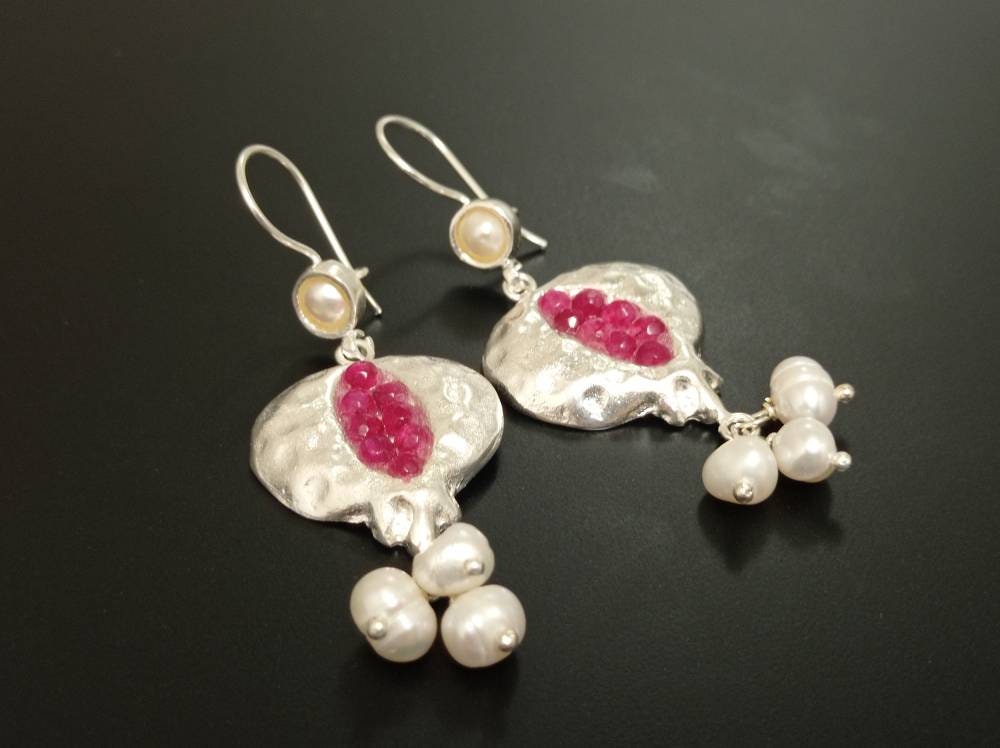 Gold Pomegranate Earrings, Ruby Accent Dangle, Ottoman Boho Chic Pearl Jewelry
