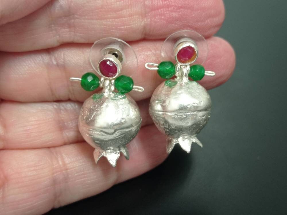 Pomegranate Earrings: Green Agate & Ruby Jade, Silver Plated Boho Chandelier Earrings