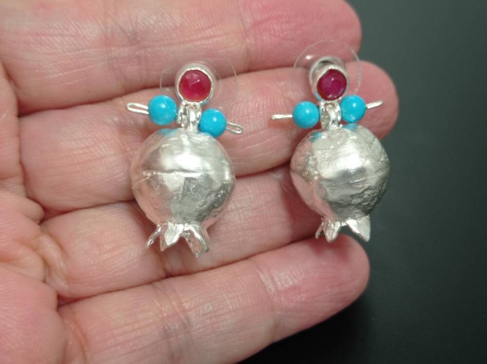 Pomegranate Earrings: Blue Howlite, Ruby Jade, Silver Plated Boho Chandelier