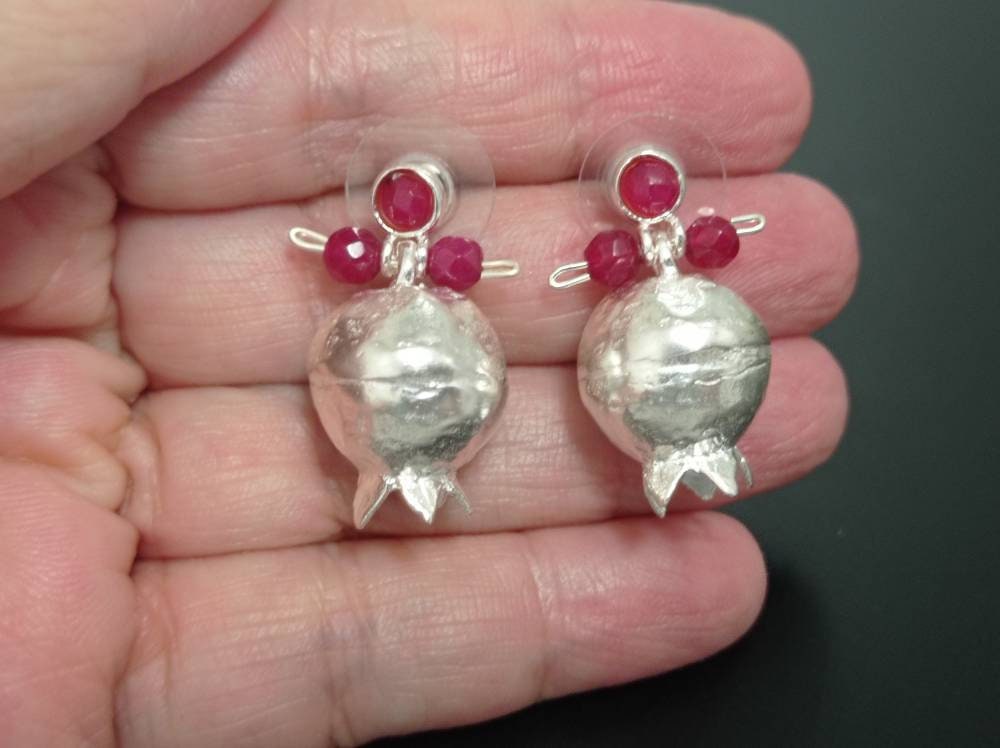 Silver Plated Pomegranate Earrings: Ruby Jade Boho Studs