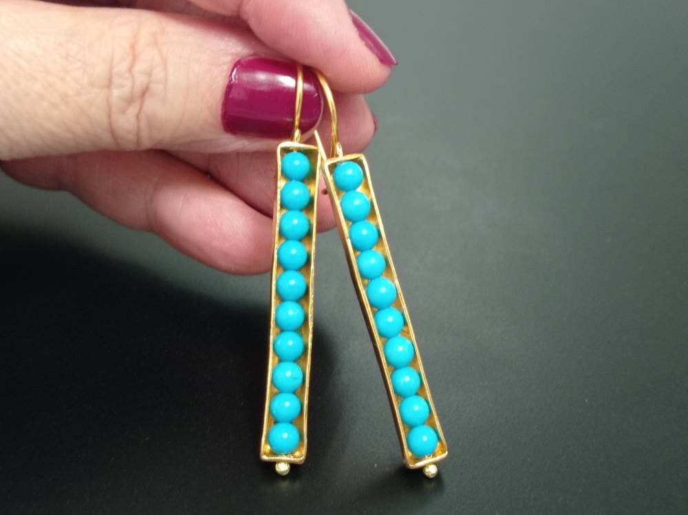 Blue Howlite Seed Pod Earrings: Gold Plated Bronze, Fertility & Prosperity Boho Turkish Gemstone