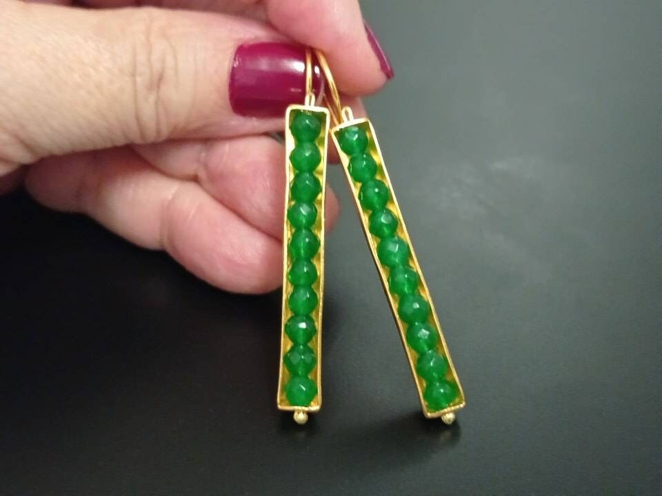 Green Agate Seed Pod Earrings: Gold Plated Bronze, Boho Turkish Gemstone