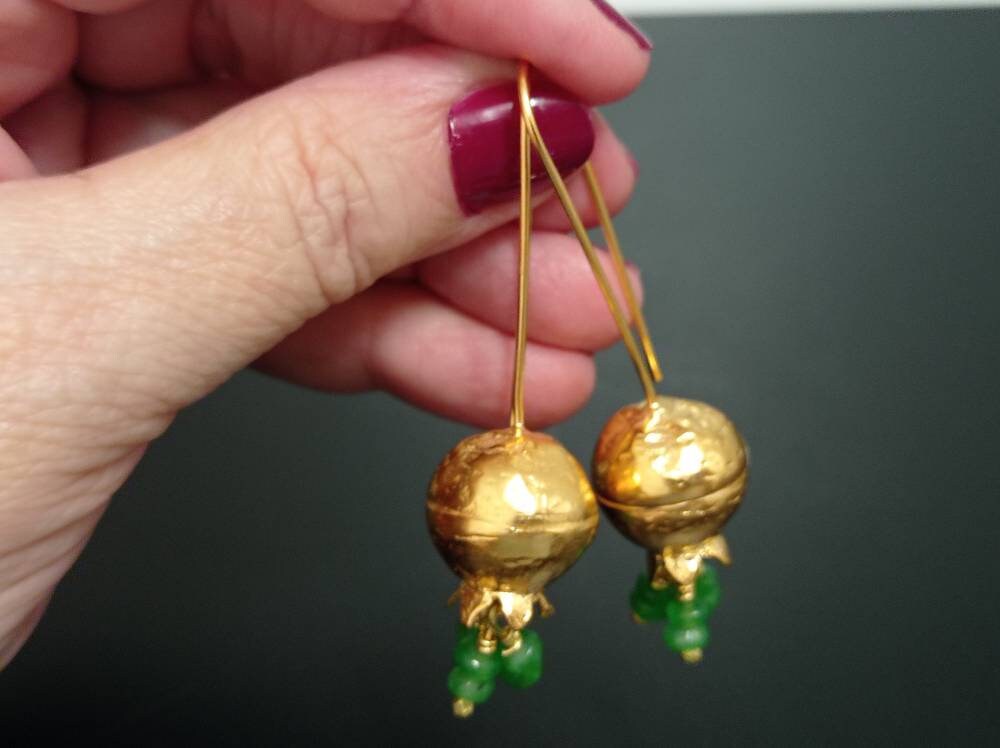 Pomegranate Earrings: Green Agate, Gold Plated Bronze, Boho Turkish Tribal Earrings