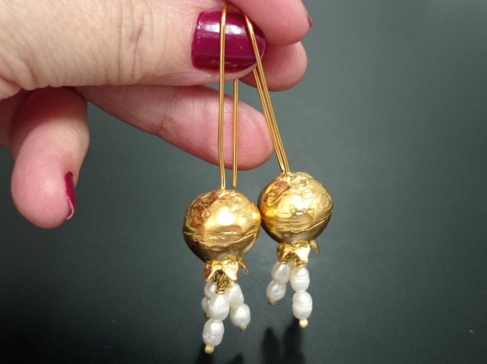 Turkish Pomegranate Pearl Earrings, Gold Plated Bronze, Boho Chic