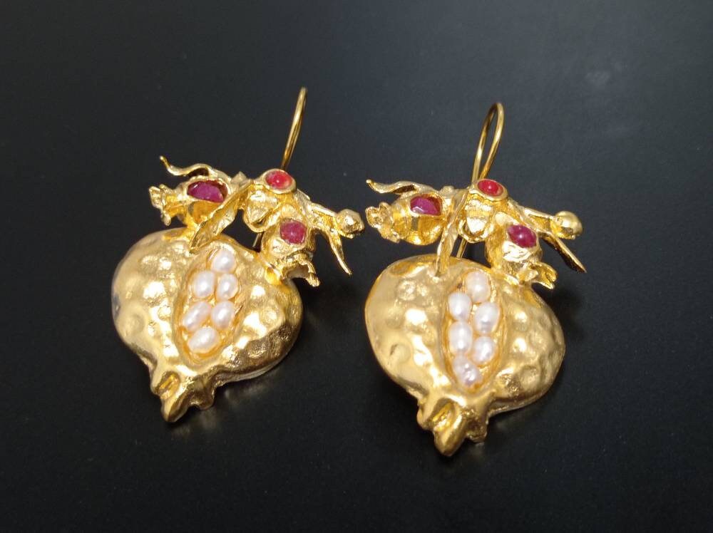 Pomegranate Earrings, Pearl Ruby, Gold Plated Bronze, Boho Turkish Earrings