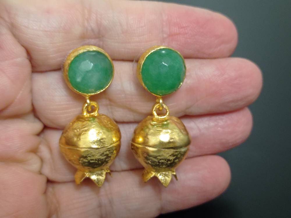 Handmade Pomegranate Earrings, Green Jade, Gold Plated Bronze, Turkish Boho Earrings