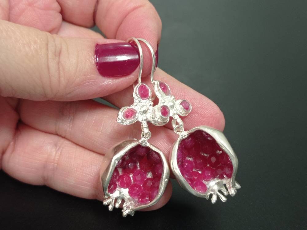 Pomegranate Earrings: Ruby Jade Bronze Silver Plated Boho Earrings
