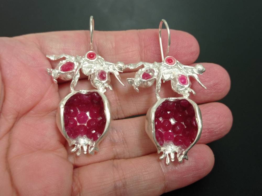 Pomegranate Earrings, Ruby Jade, Silver Plated, Boho Tribal Earrings