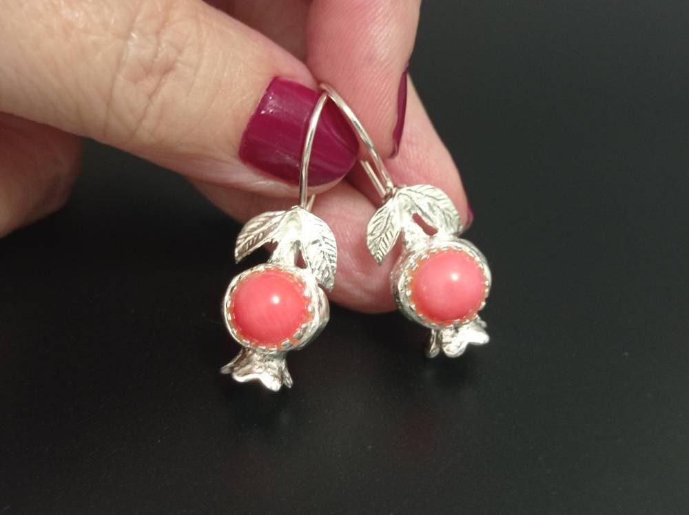 Pomegranate Earrings: Bronze Silver Plated Coral Hook Earrings