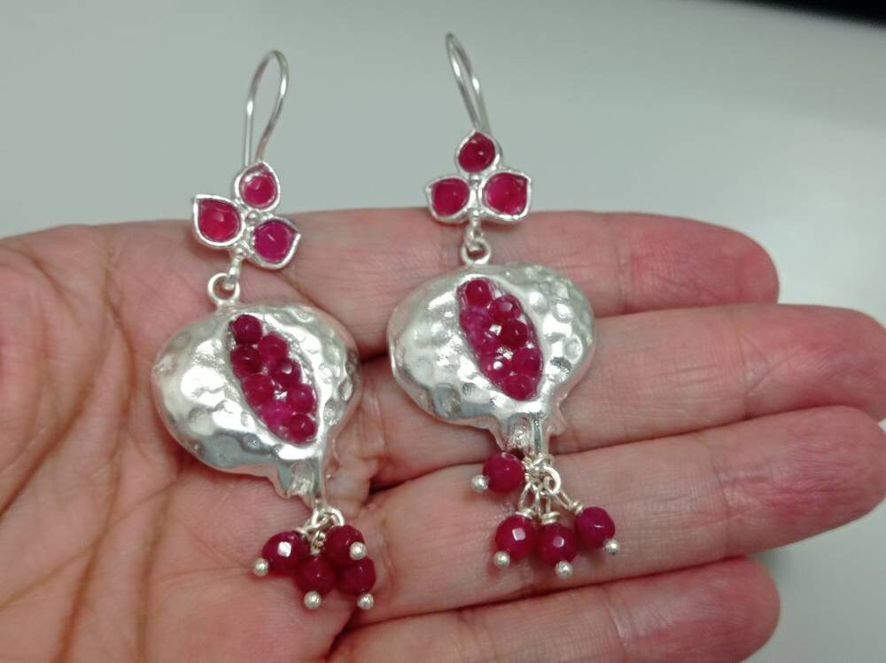 Pomegranate Hook Earrings: Ruby Jade, Silver Plated Dangle Earrings