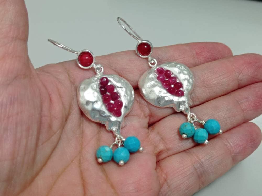 Handmade pomegranate Earrings: Silver Plated, Ruby Jade & Blue Howlite, Boho Style