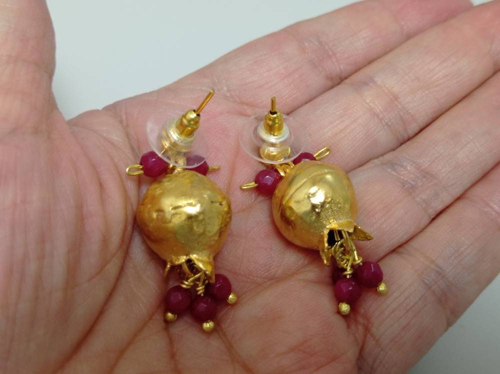 Pomegranate Earrings, Gold Plated Ruby Jade, Boho Chandelier Earrings