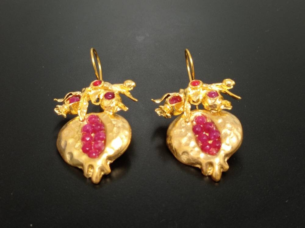 Gold Plated Pomegranate Earrings, Ruby Jade, Boho Turkish Tribal Style