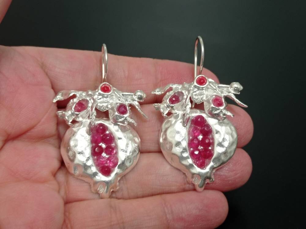 Silver Plated Pomegranate Earrings, Ruby Jade, Boho Tribal Style