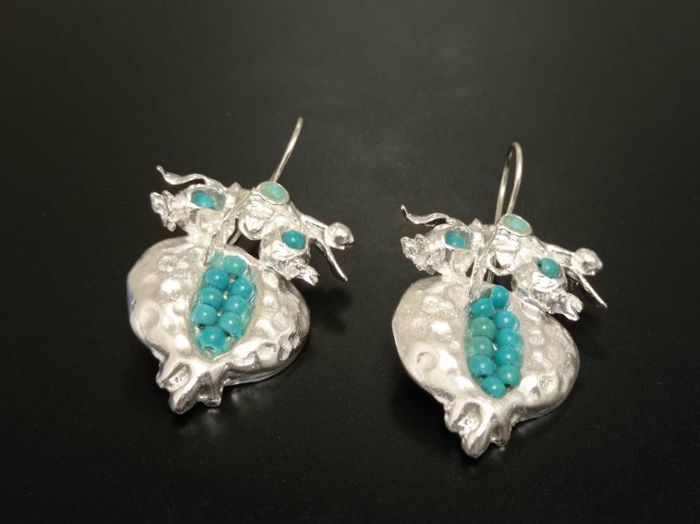 Silver Plated Pomegranate Earrings, Turquoise Boho Dangle Earrings