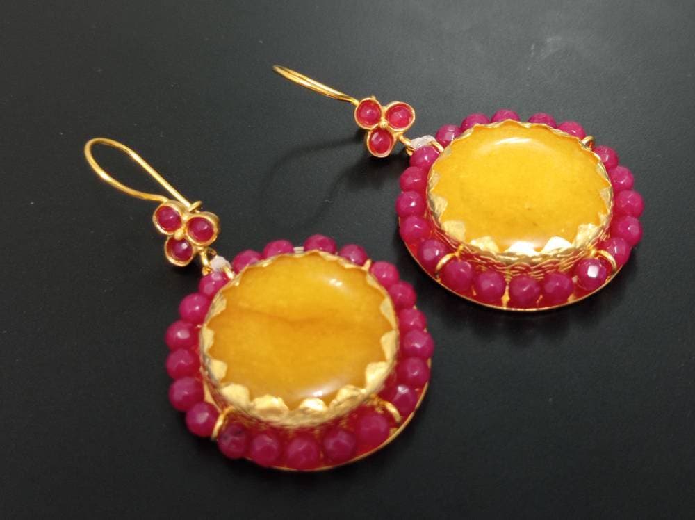 Handmade Jade Hook Dangle Earrings, Bronze Gold Plated, Ottoman Style