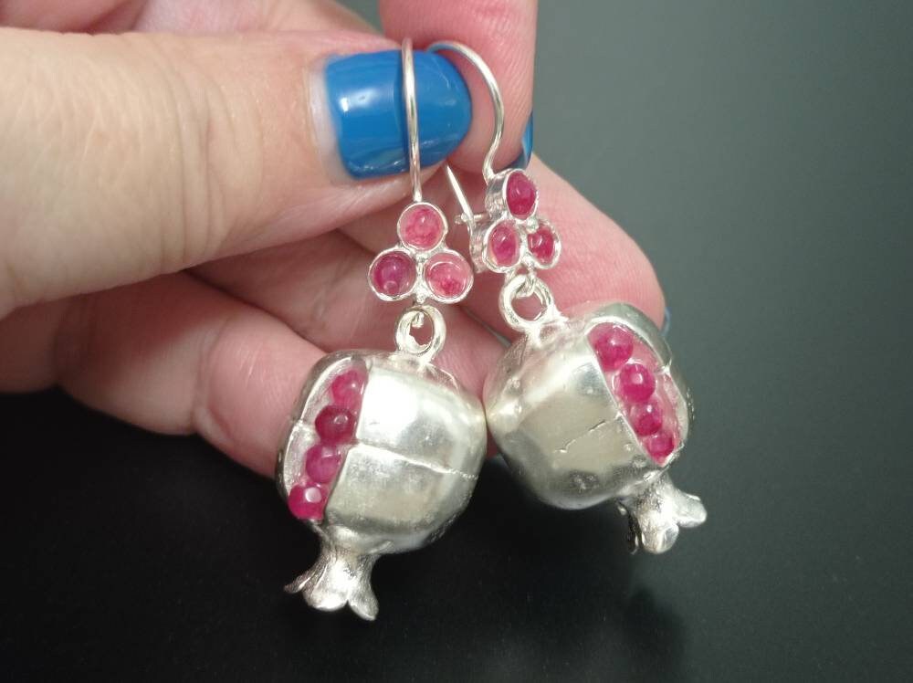 Silver Plated Pomegranate Earrings, Ruby Jade Hook Dangle, Boho Ottoman Design