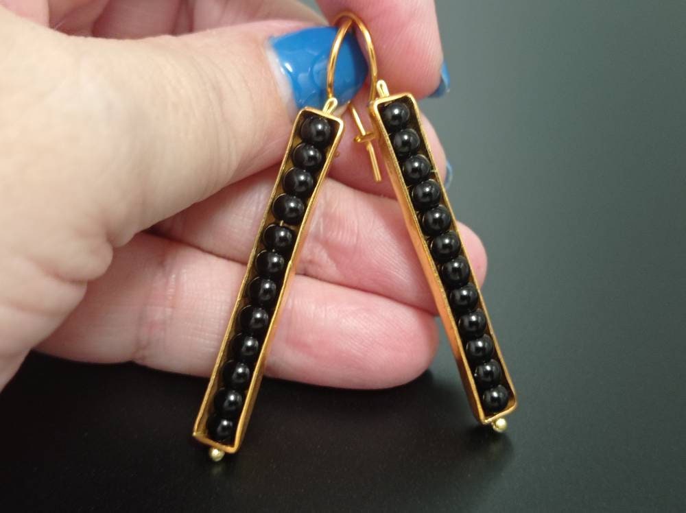 Black Agate Seed Pod Earrings, Gold Plated Bronze, Boho Dangle Jewelry