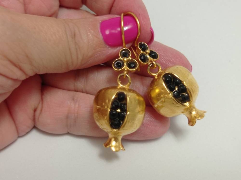 Handmade Bronze Gold Plated Pomegranate Earrings, Black Onyx