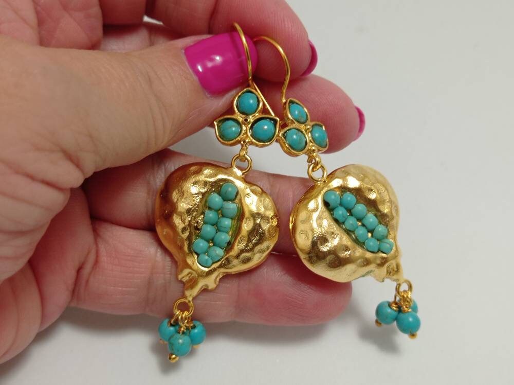 Boho Chic Gold Plated Pomegranate Earrings – Blue Howlite Ottoman Dangles