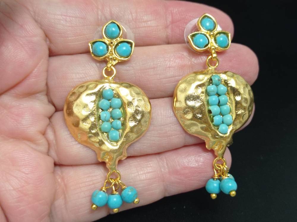 Gold Plated Pomegranate Earrings with Blue Howlite Beads