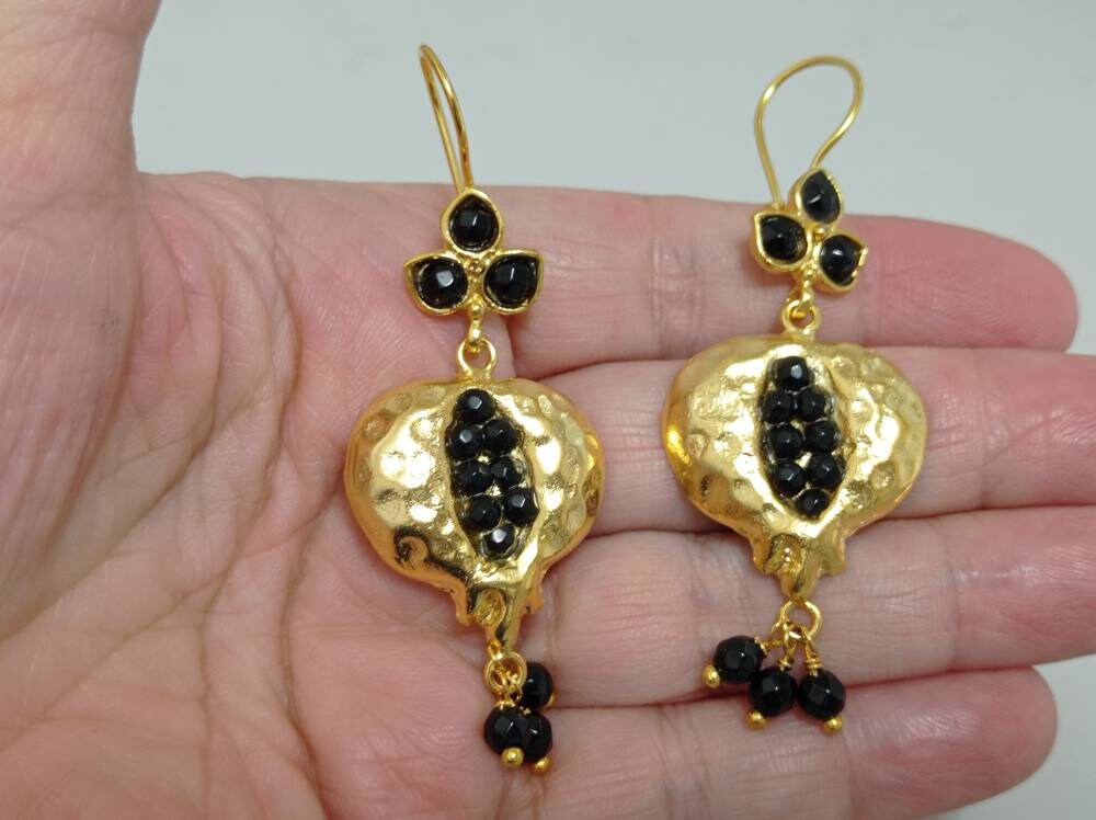 Onyx Pomegranate Earrings. Gold Plated Turkish Chandelier. Elegant Boho Style Ottoman Statement Jewelry.