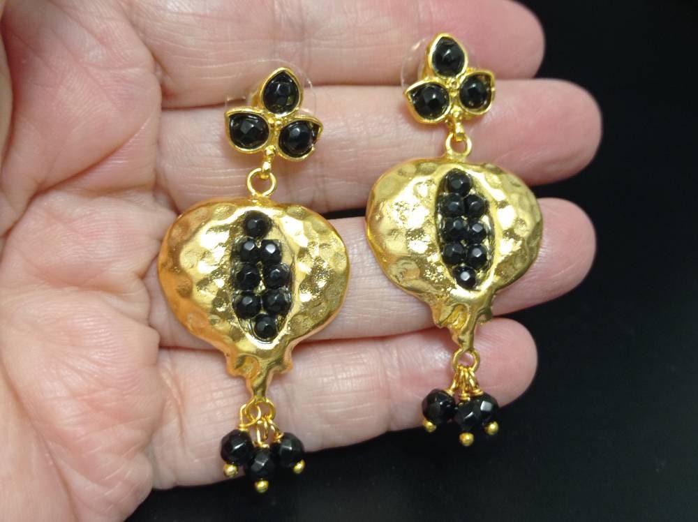 Gold Plated Pomegranate Earrings, Onyx Seeds, Turkish Boho Earrings
