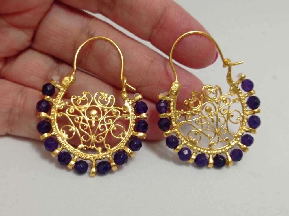 Delicate faceted dark purple agate hoop openwork  earrings,  gold plated bronze gemstone turkish earrings