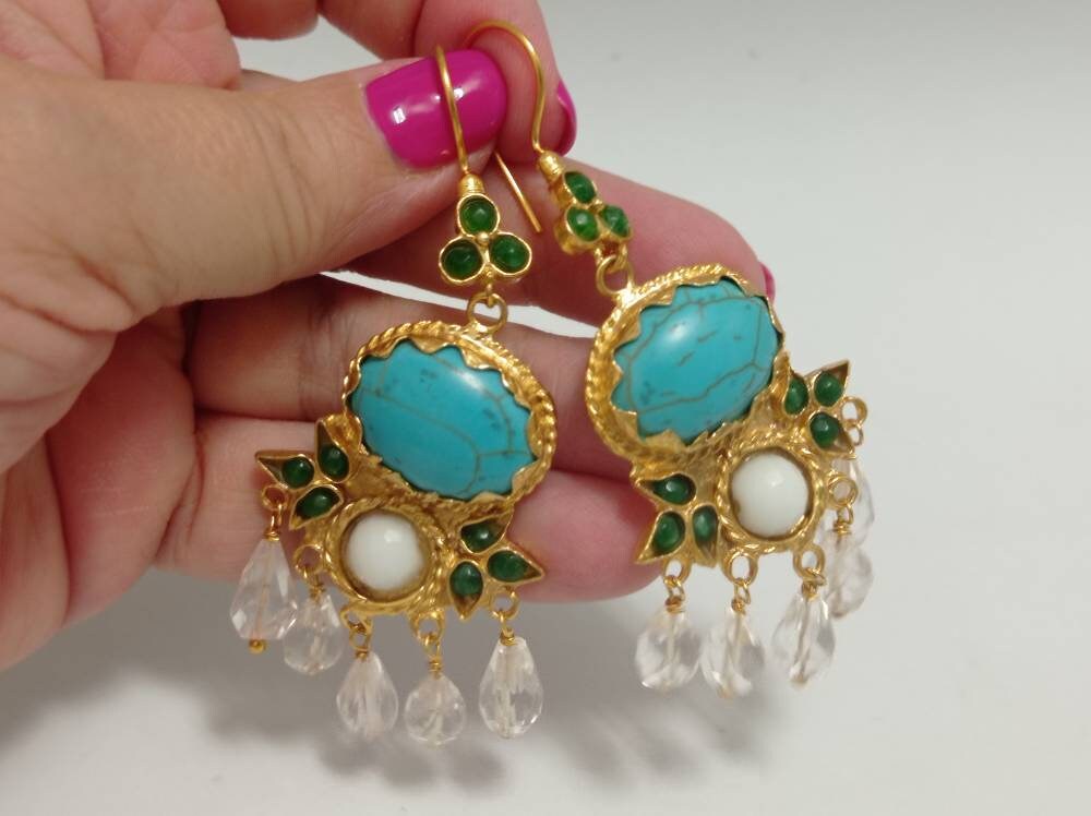 Handmade Gold Plated Bronze Turkish Earrings, Agate, Howlite, Rock Crystal Chandelier